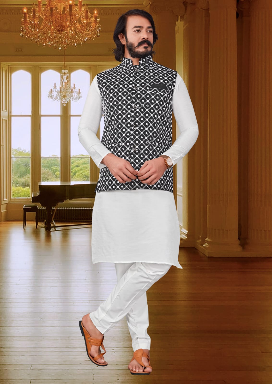 White Silk Mens Kurta Pajama Indian Wedding Party Wear Embroidery Kurt