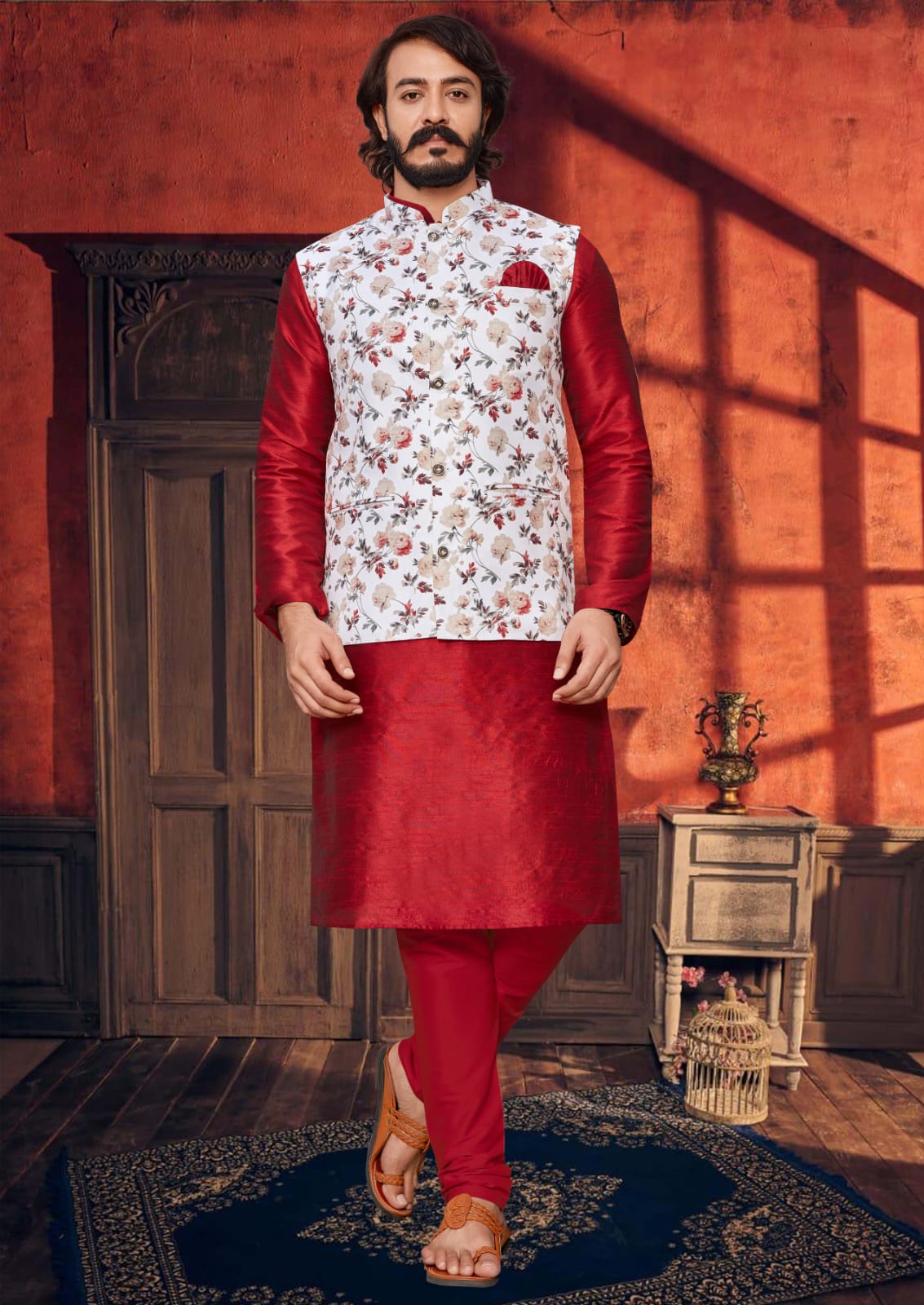 Red Silk Mens Kurta Pajama Indian Wedding Party Wear Embroidery Kurtas