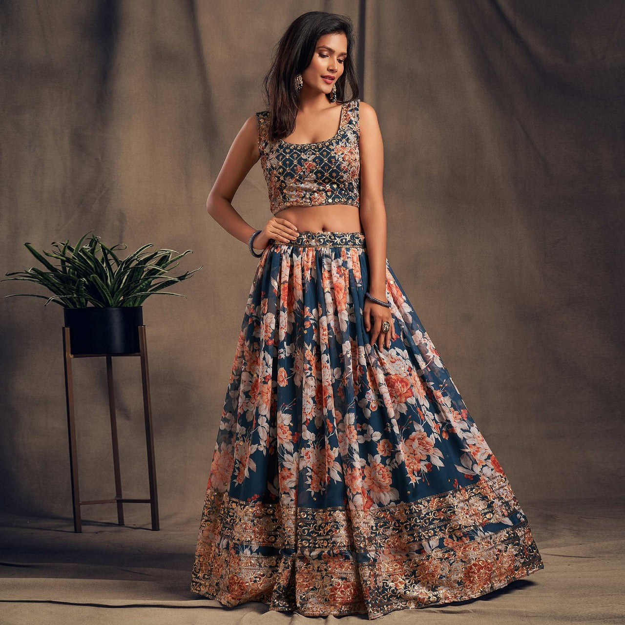 Elegant Blue Floral Embroidery Silk Wedding Lehenga Choli Wi