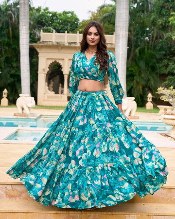 Teal green Georgette Floral Print lehenga choli for women or girls