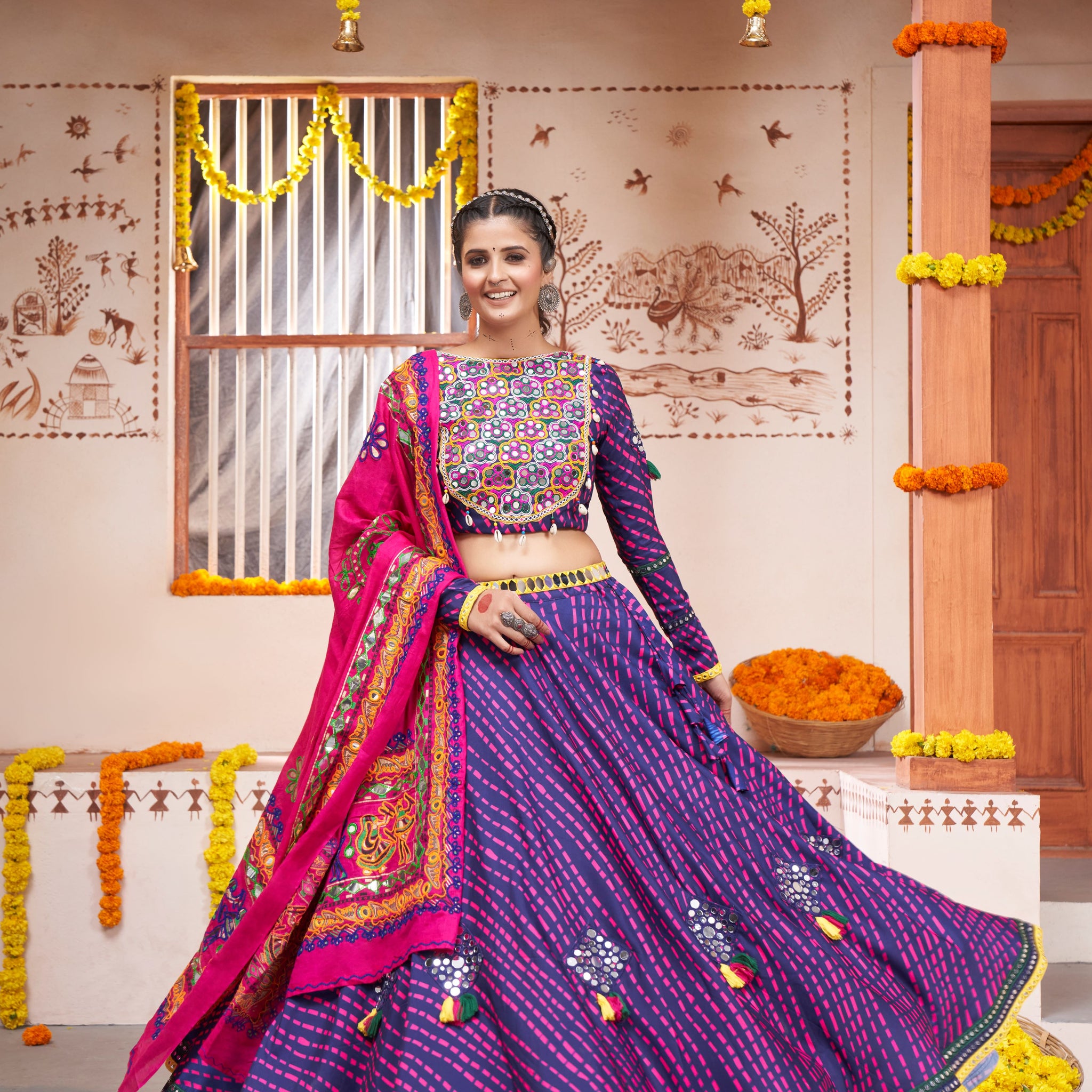 Purple All over Print with Embroidery Patch   Work  lehenga choli with   Cotton   dupatta