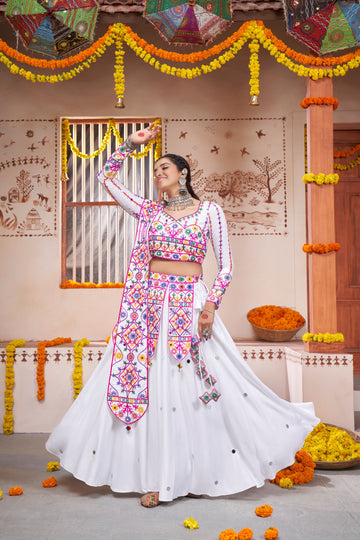 White Thread Embroidered with all over mirror   Work  lehenga choli with   Viscose Rayon dupatta