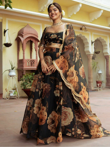 Black floral lehenga choli for women or girls for wedding wear ready to wear party wear lehenga choli