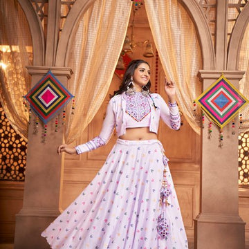 Lavender Thread,  Embroidered with all over mirror  Work  lehenga choli with  Cotton  dupatta