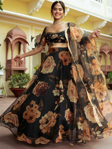 Black floral lehenga choli for women or girls for wedding wear ready to wear party wear lehenga choli