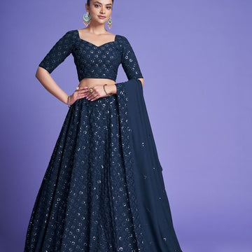 Teal Blue Thread & Sequins Embroidery Work   lehenga choli with  Diamond  Georgette dupatta