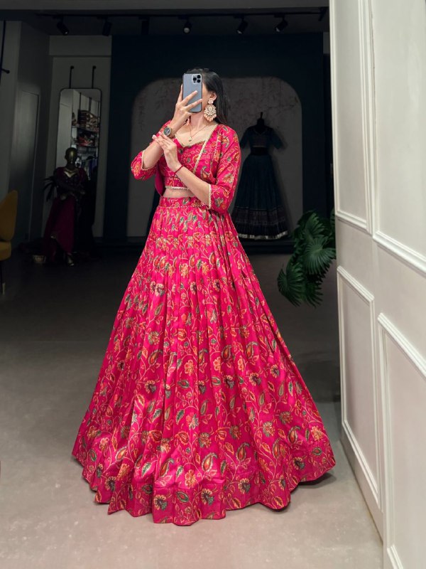 Pink Lehenga choli with koti Tussar Silk Floral Print Wedding Lehenga choli