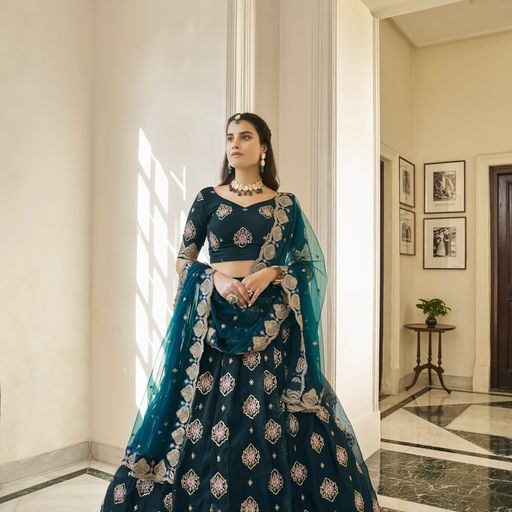 Navy Blue  Zari, Thread & Sequins Embroidery Work  lehenga choli with  Butterfly Net  dupatta