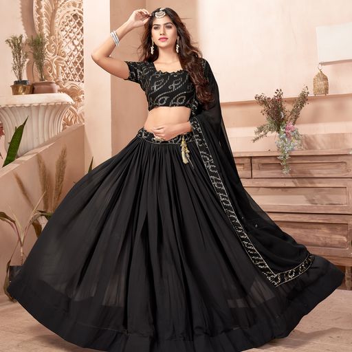 Black Multi Sequins Embroidery Work lehenga choli with Faux Georgette dupatta