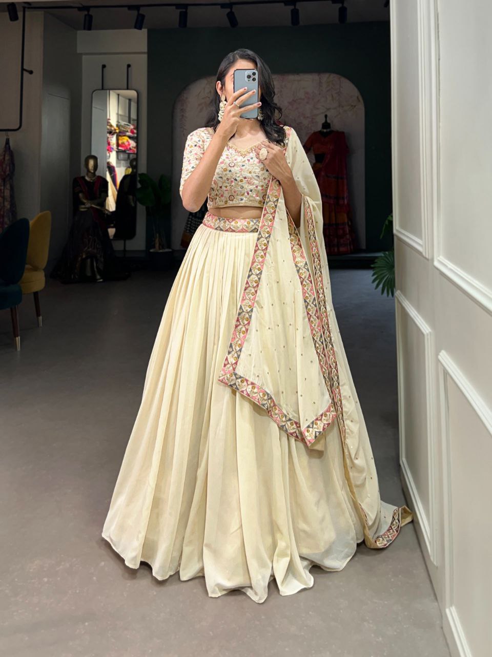 Off-white lehenga choli with dupatta ready to wear lehenga choli for girls or women's