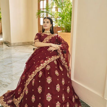 Maroon Zari,Thread & Sequins Embroidery Work  lehenga choli with Net dupatta