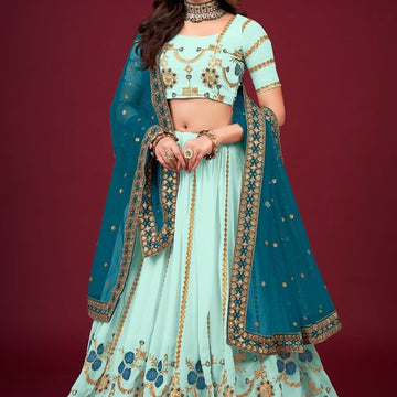 Sky Blue  Zari, Thread & Sequins Embroidery Work  lehenga choli with  Faux  Georgette dupatta