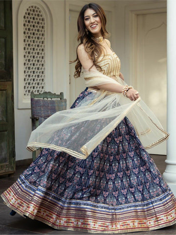 Blue lehenga choli for women or girls Digital Print with Gota Patti Work lehenga cholo