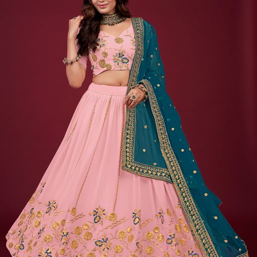 Light Pink Zari,Thread & Sequins Embroidery Work  lehenga choli with  Faux  Georgette dupatta