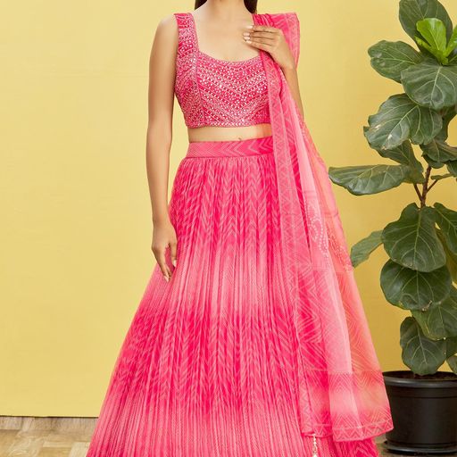 Pink Real Mirror with Thread, Zari, Sequins Embroidered And Digital Print Work  lehenga choli with  Organza  dupatta