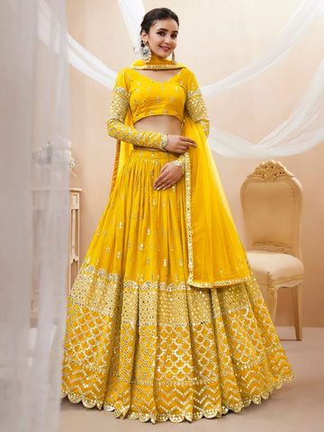 Yellow Sequins Georgette Haldi Wear Lehenga Choli