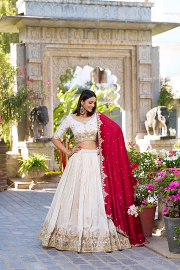 Off-white White and red silk embroidery work lehenga choli for women indian wedding wear chaniya choli