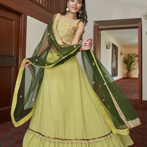 Leamon Yellow Dori, Mirror, Zari & Sequins Embroidery Work  lehenga choli with Net dupatta