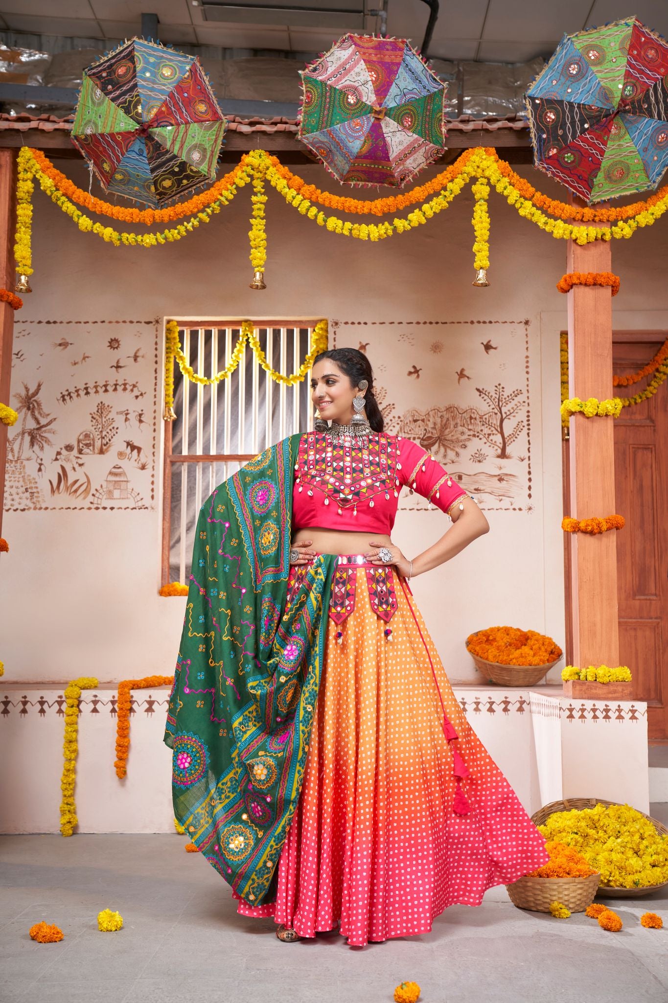 Yellow All  Over Print with Embroidery Patch   Work  lehenga choli with Cotton  dupatta