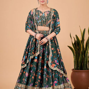 Green  Zari & Sequins Embroidery Work  lehenga choli with  Faux Georgette dupatta