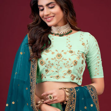 Pista Green Zari,Thread & Sequins Embroidery Work  lehenga choli with  Faux  Georgette dupatta