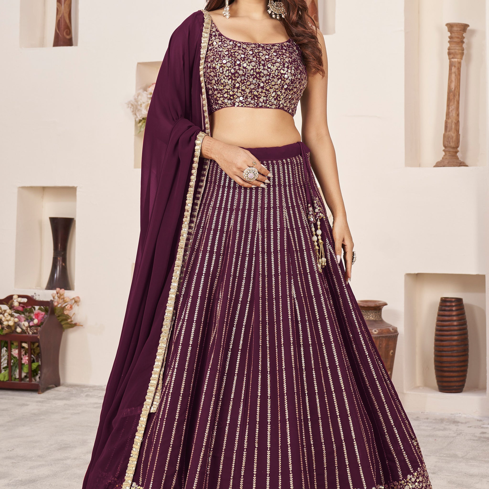 Wine lehenga choli for women or girls Sequins Zari Embroidered Work lehenga choli