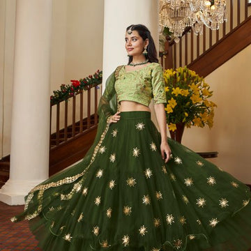 Green Thread & Sequins Embroidery Work  lehenga choli with  Net  dupatta