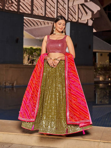 Olive pink lehenga choli for women or girls zari and sequence work with digit print ready to wear lehenga choli