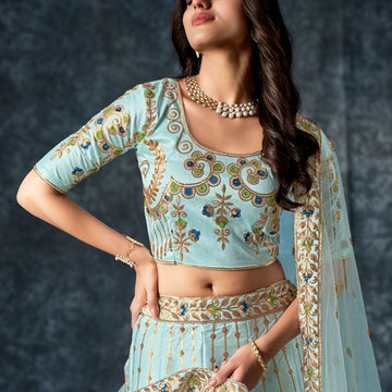 Sky  Blue  Diamond,Zari, Thread & Sequins Embroidery Work  lehenga choli with  Butterfly Net  dupatta