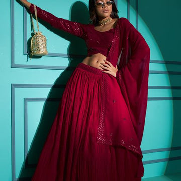 Red THREAD WITH SEQUINCE EMBROIDERED WORK  lehenga choli with GEORGETTE  dupatta