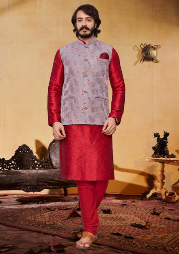 Red Silk Mens Kurta Pajama Indian Wedding Party Wear Embroidery Kurtas