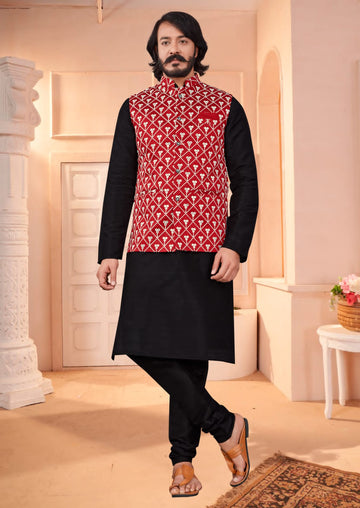 Black Silk Mens Kurta Pajama Indian Wedding Party Wear Embroidery Kurtas