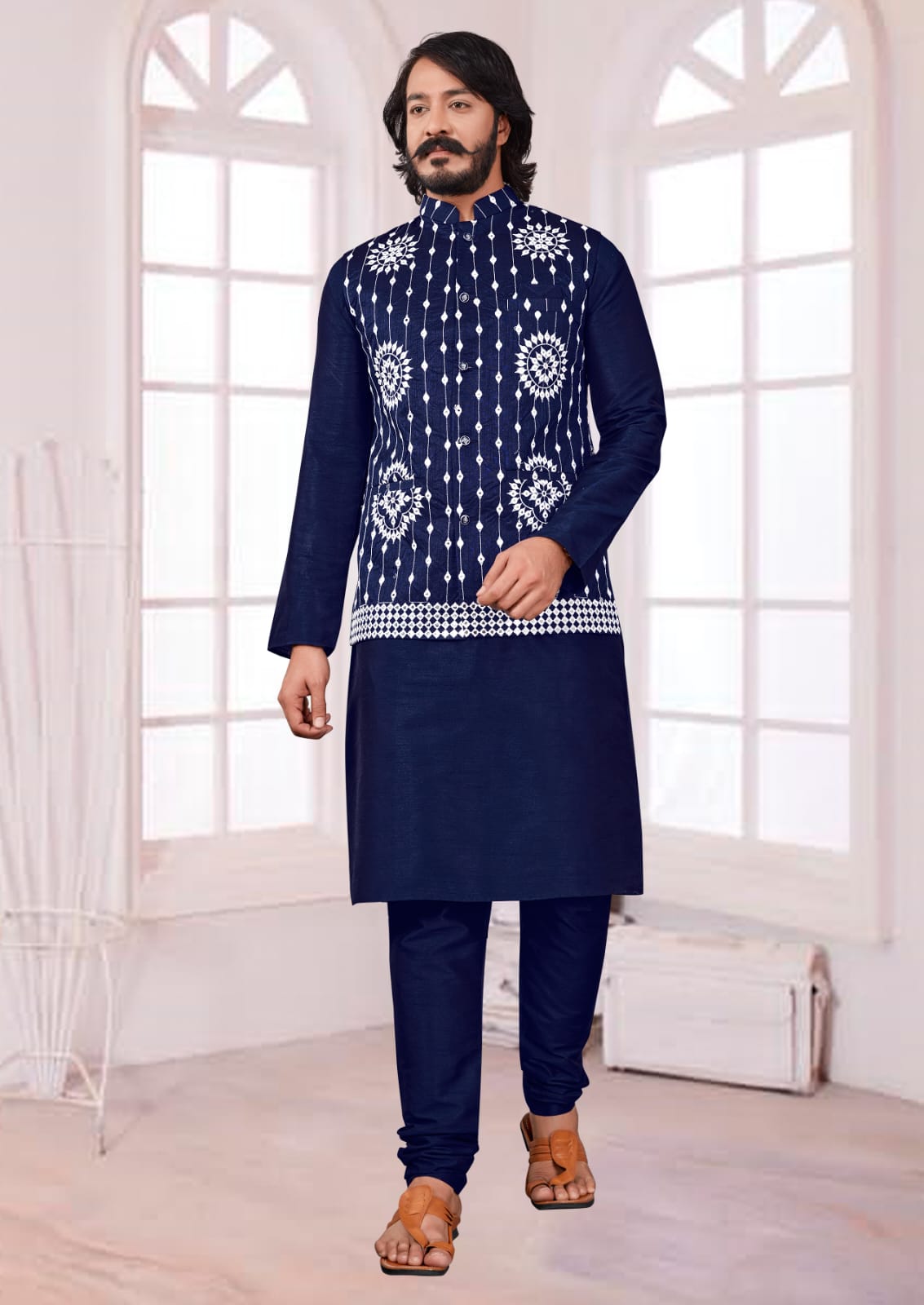 Blue Silk Mens Kurta Pajama Indian Wedding Party Wear Embroidery Kurtas