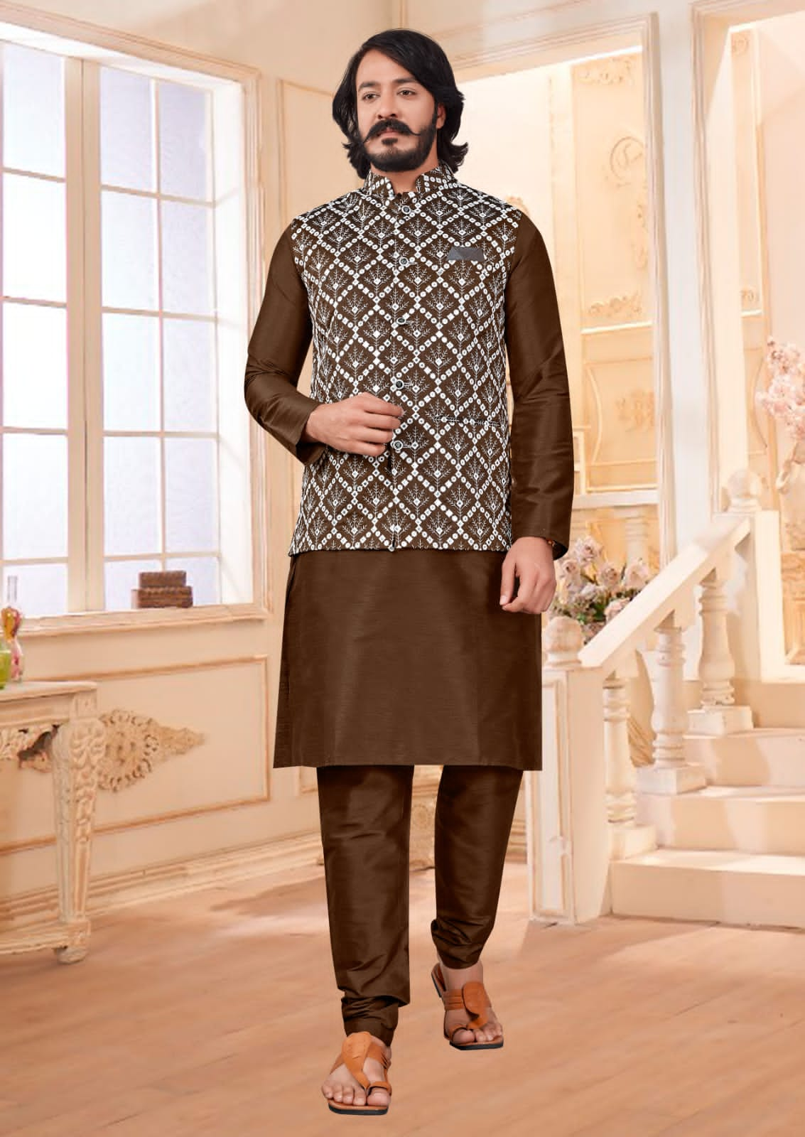 Coffee Silk Mens Kurta Pajama Indian Wedding Party Wear Embroidery Kurtas