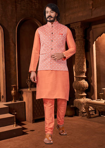 Orange  Silk Mens Kurta Pajama Indian Wedding Party Wear Embroidery Kurtas