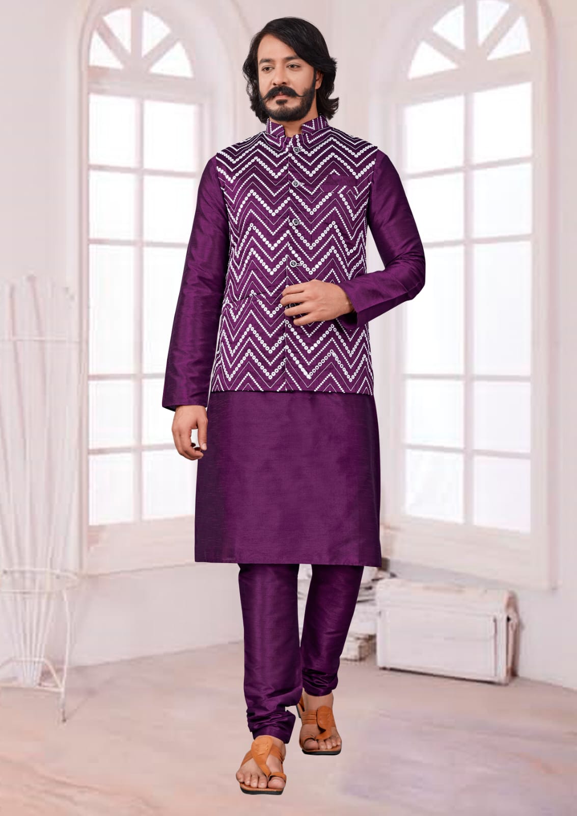 Purple Silk Mens Kurta Pajama Indian Wedding Party Wear Embroidery Kurtas