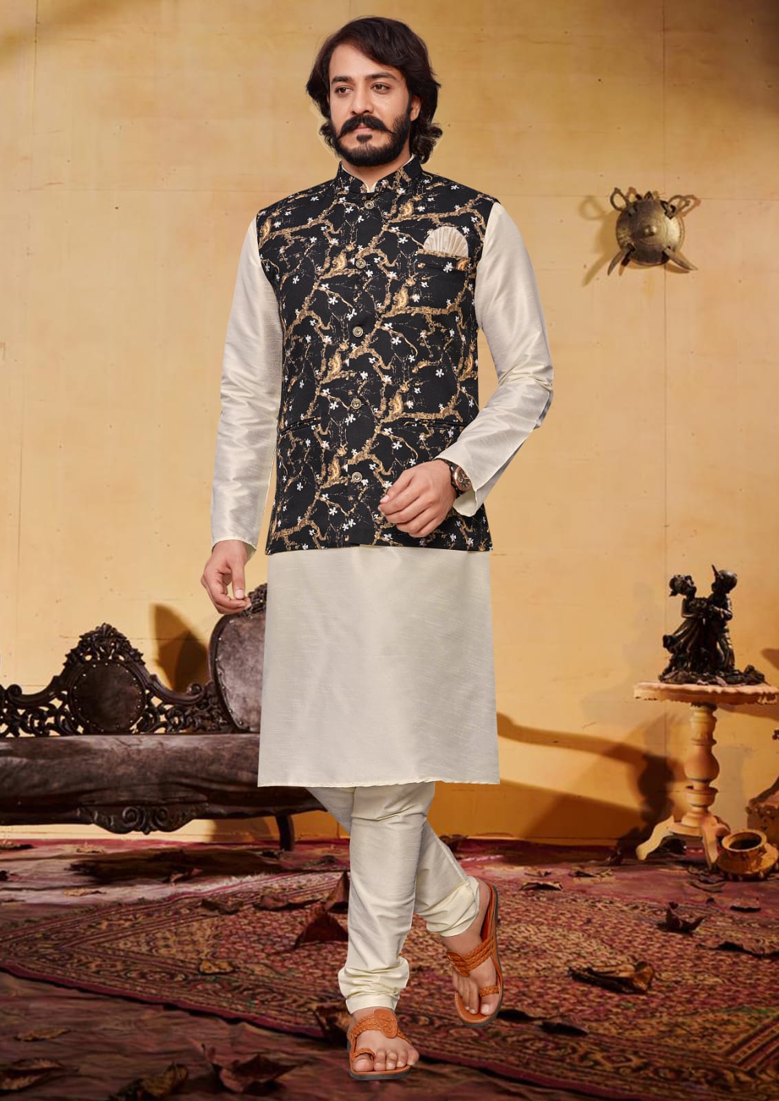 Off White Silk Mens Kurta Pajama Indian Wedding Party Wear Embroidery Kurtas