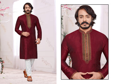 Red  Silk Mens Kurta Pajama Indian Wedding Party Wear Embroidery Kurtas