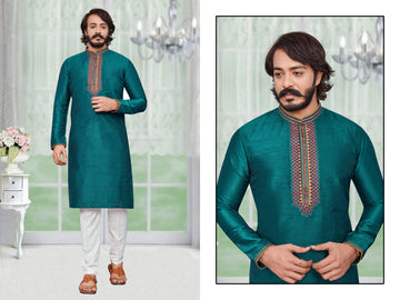 Teal Blue Silk Mens Kurta Pajama Indian Wedding Party Wear Embroidery Kurtas