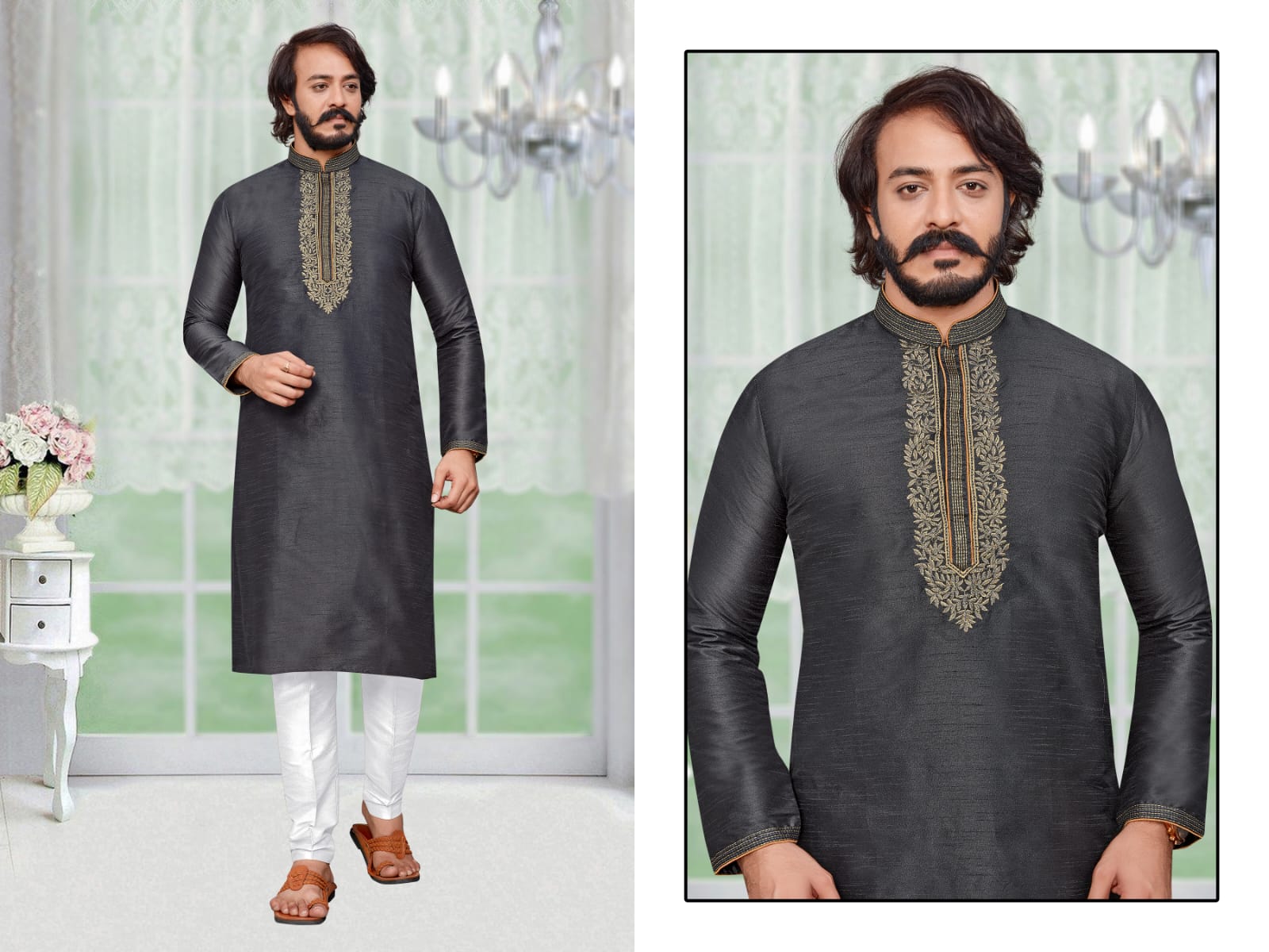 Grey Silk Mens Kurta Pajama Indian Wedding Party Wear Embroidery Kurtas