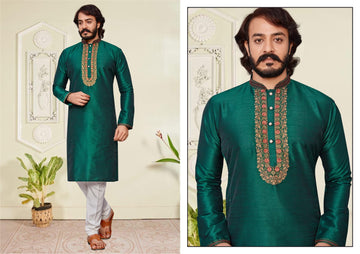 Green Silk Mens Kurta Pajama Indian Wedding Party Wear Embroidery Kurtas