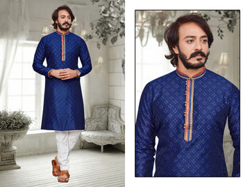 Blue Silk Mens Kurta Pajama Indian Wedding Party Wear Embroidery Kurtas