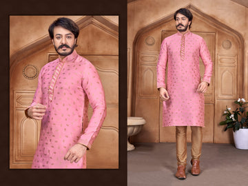 Light Pink Silk Mens Kurta Pajama Indian Wedding Party Wear Embroidery Kurtas