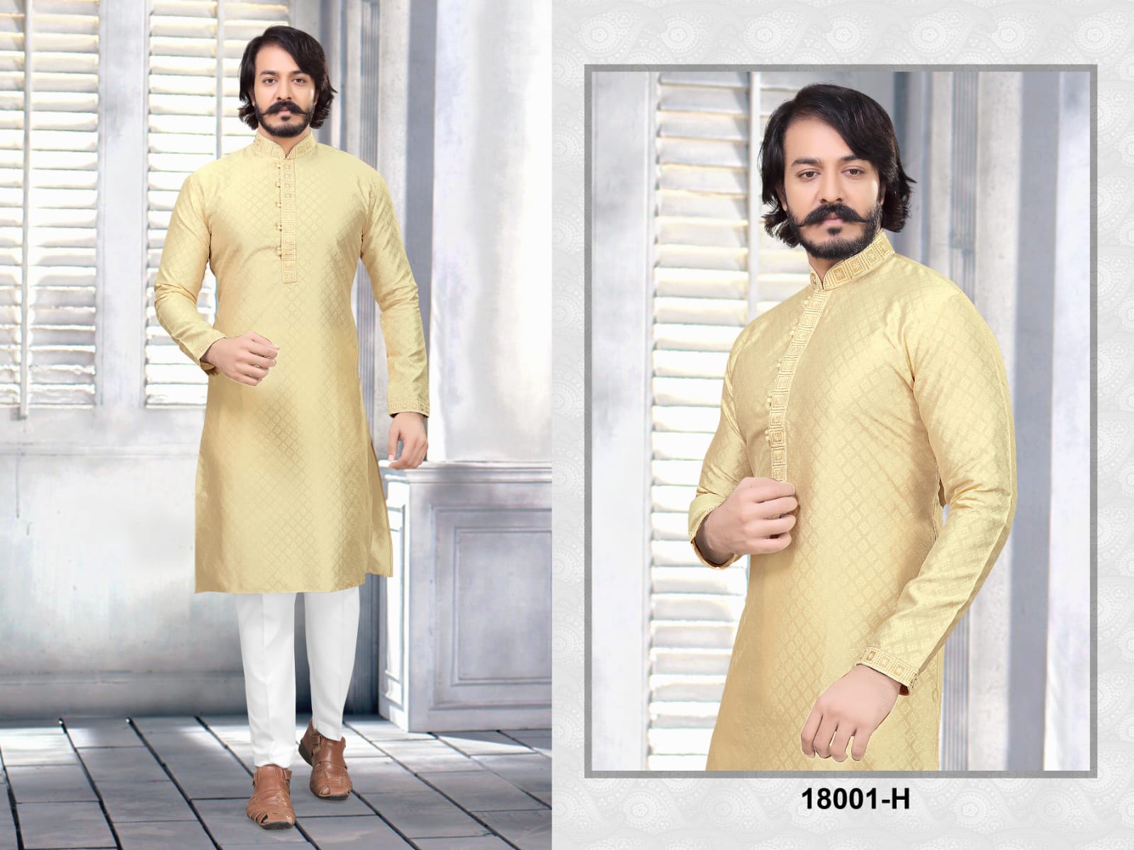 Light Yellow Silk Mens Kurta Pajama Indian Wedding Party Wear Embroidery Kurtas