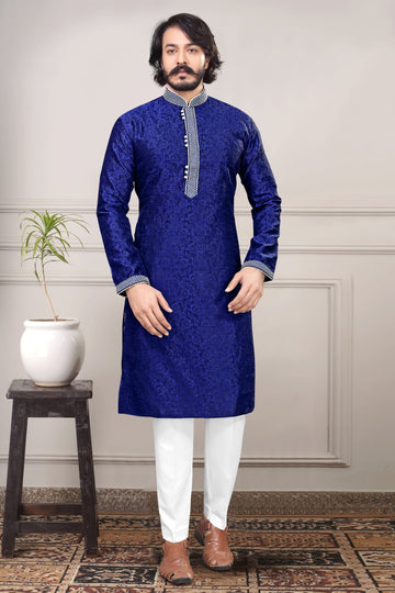 Blue Silk Mens Kurta Pajama Indian Wedding Party Wear Embroidery Kurtas