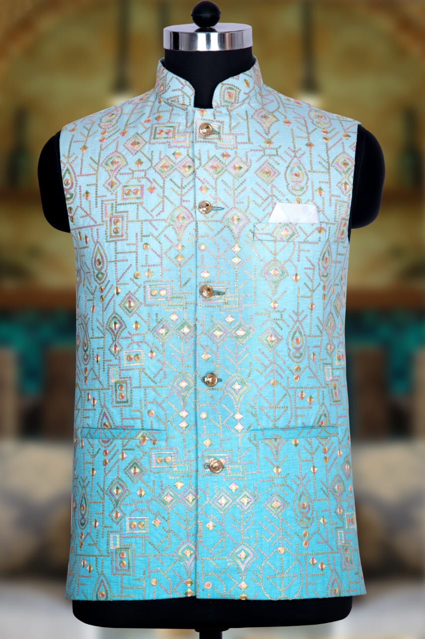 Sky Blue Silk Mens Kurta Pajama Indian Wedding Party Wear Embroidery Kurtas