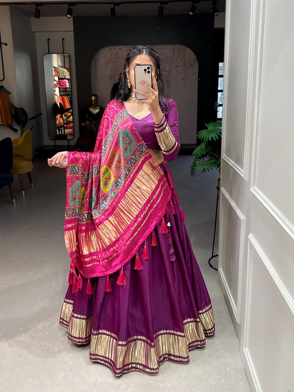 Purple Dyeing With Lagdi patta lehenga choli with Gaji Silk dupatta