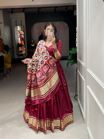 Maroon  Dyeing With Lagdi patta lehenga choli with Gaji Silk dupatta