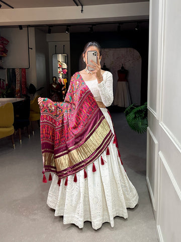 White Thread & Sequins Embroidery Work  lehenga choli with  Gaji silk(Patola Print)  dupatta