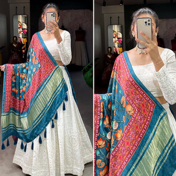 White Thread & Sequins Embroidery Work  lehenga choli with  Gaji silk(Kalamkari print)  dupatta